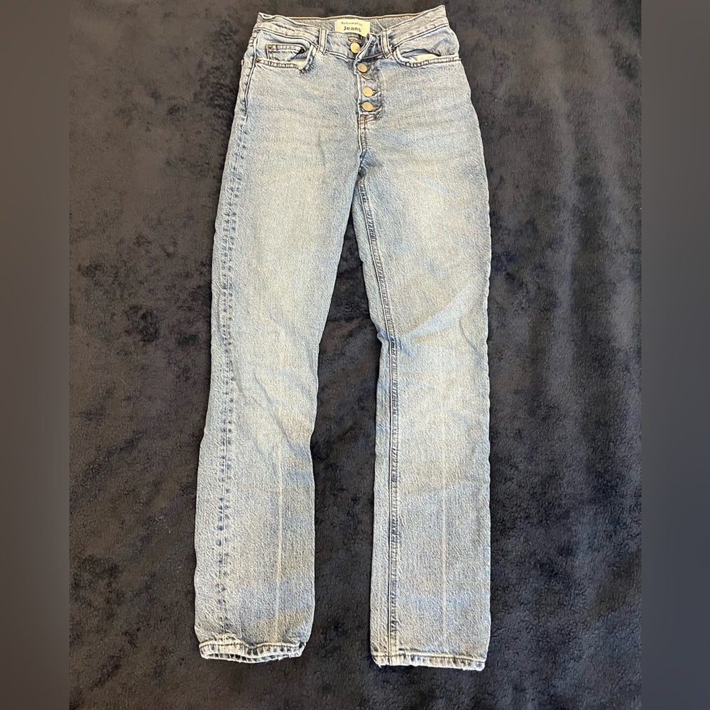 Reformation straight leg jeans, medium wash.